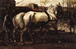 George-Hendrik Breitner Two White Horses Pulling Posts in Amsterdam Spain oil painting art
